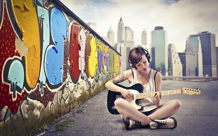 headphones, women, graffiti, guitar, musical instrument, sitting
