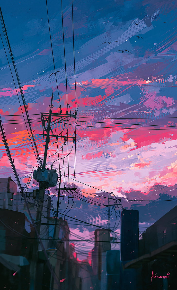 clouds, sky, portrait display, Aenami, power lines, town, sunset, HD wallpaper