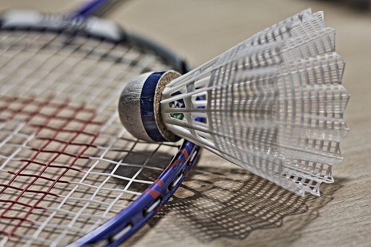 blue and white white badminton racket and shuttlecock, sport