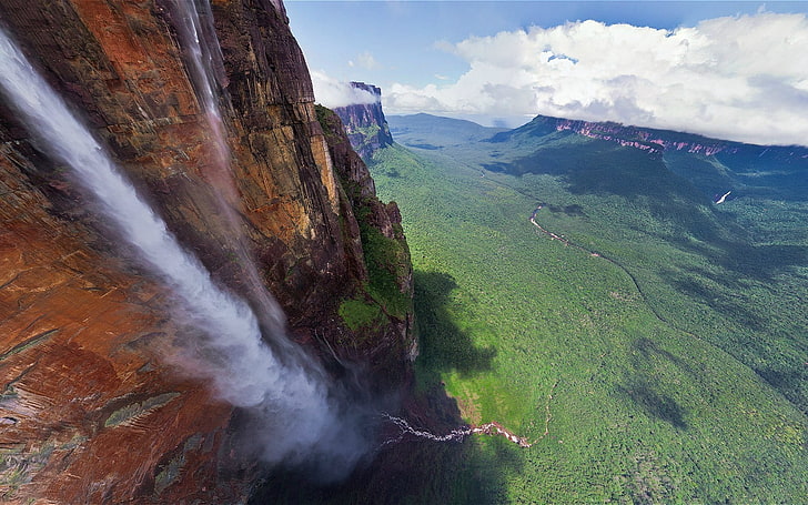 nature, waterfall, cliff, grass, trees, sky, scenics - nature, HD wallpaper