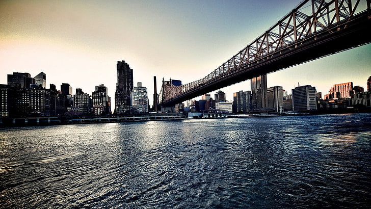 black and brown metal bridge, Queensboro Bridge, river, New York City, HD wallpaper