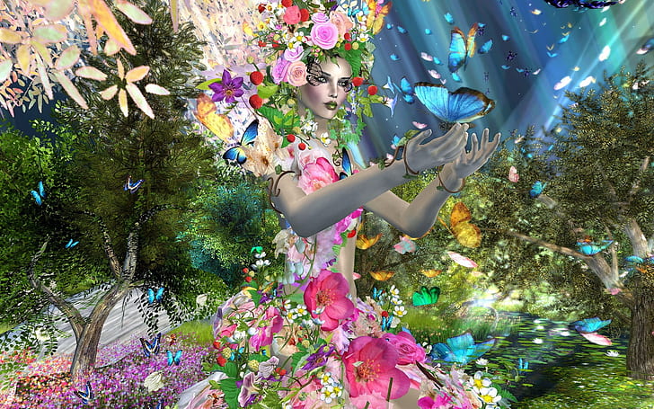 HD wallpaper: Creative design girl, butterfly, flowers, trees | Wallpaper  Flare