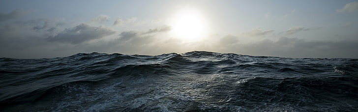 landscape photo of ocean, sea, waves, Sun, clouds, nature, sky, HD wallpaper