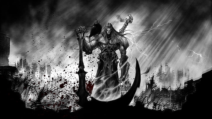 monochrome, death, digital art, Grim Reaper, dark, scythe, spooky, HD wallpaper