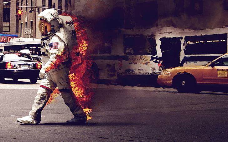 white and red USA astronaut costume, fire, humor, spacesuit, dark, HD wallpaper
