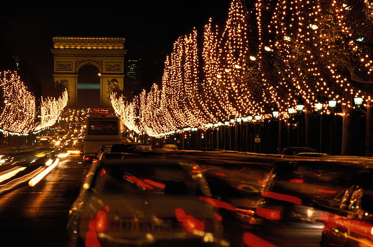 city, Champs-Élysées, Paris, traffic, night, illuminated