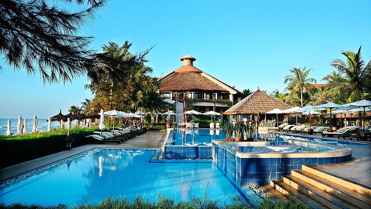 brown gazebo and blue swimming pool, nature, luxury homes, water