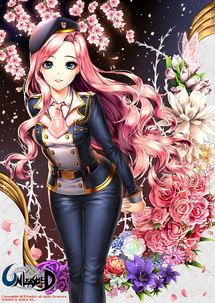 anime, anime girls, uniform, long hair, pink hair, blue eyes, HD wallpaper