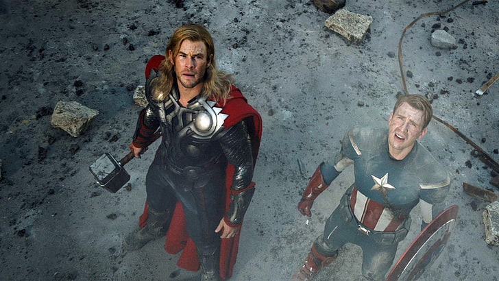 Thor and Captain America, movies, The Avengers, looking up, Chris Hemsworth