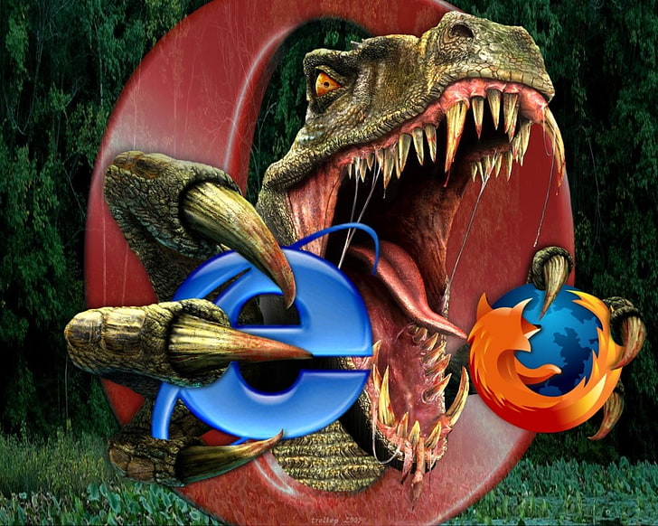 Internet Explorer, Mozilla Firefox, and Opera Mini web browser logos, HD wallpaper