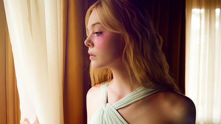 blonde hair woman in white halter dress peeking on window, The Neon Demon