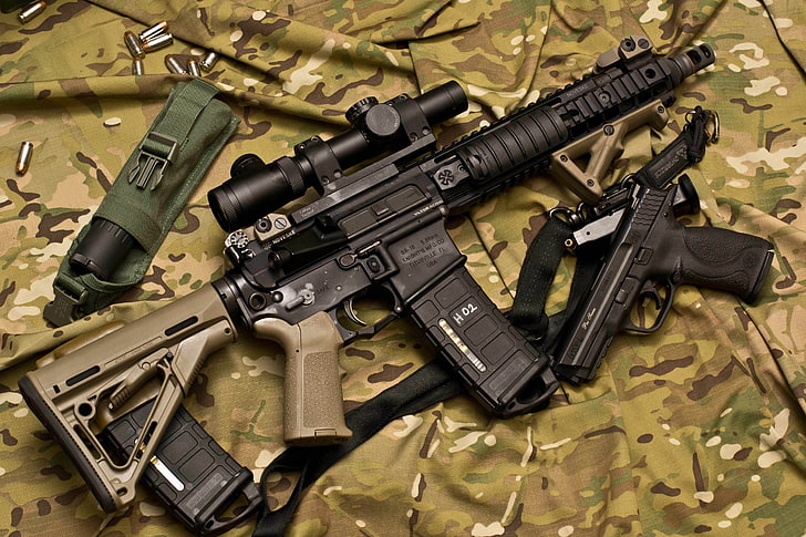 black and brown assault rifle, gun, weapons, machine, optics