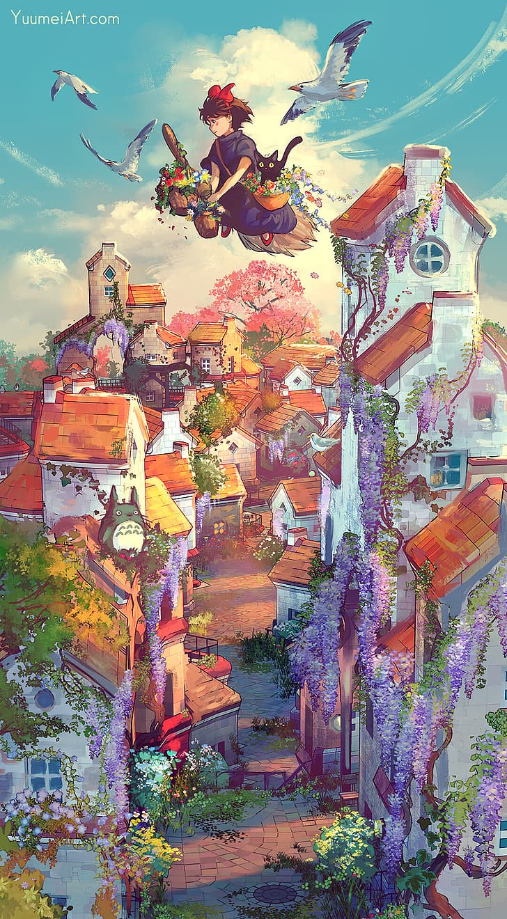 artwork, digital art, anime, Studio Ghibli, Totoro, Kiki (kiki's delivery service), HD wallpaper