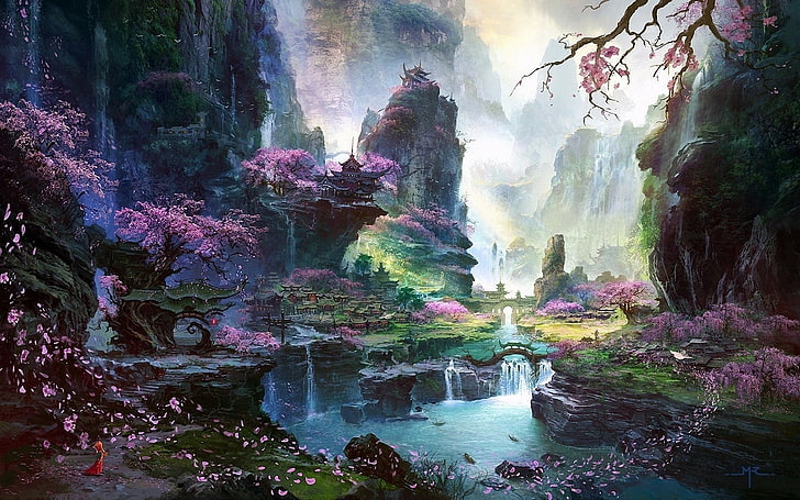 landscape painting of mountain, artwork, digital art, water, waterfall