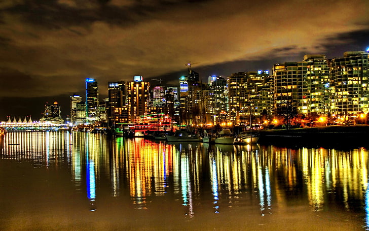 Vancouver, cityscape, reflection, lights, water, night, building exterior, HD wallpaper