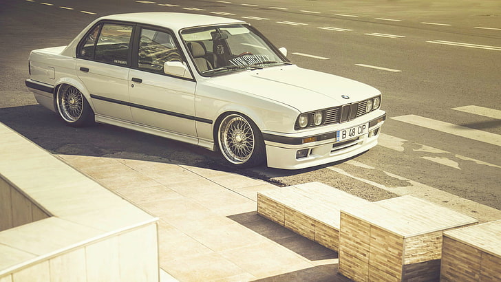 white BMW sedan, Car, E30, BBS, Stance, Wheels, Lowsociety, mode of transportation