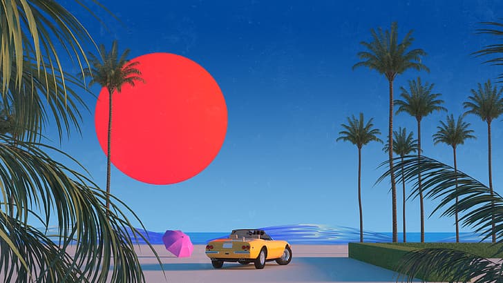 Trey Trimble, red sun, palm trees, car, vaporwave