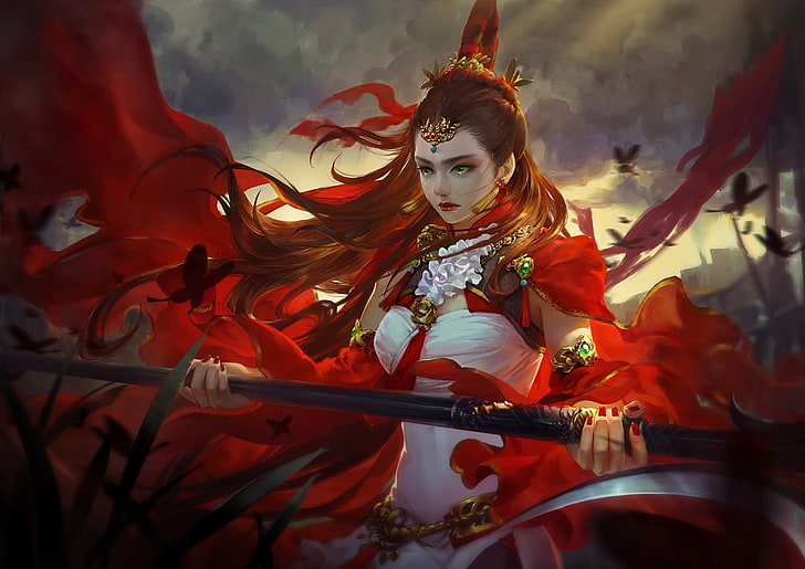 Ling Ju, red, mu meiren, frumusete, luminos, queen, fantasy, HD wallpaper