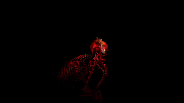 thinking ribs teeth auguste rodin digital art skull black background minimalism red skeleton smoke bones imagination, HD wallpaper