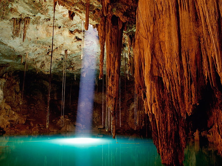cave with water, nature, stalactites, lake, sunlight, no people, HD wallpaper