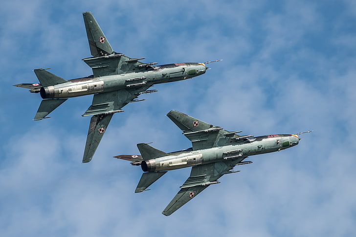 tow gray fighter jets, flight, bomber, Su-22