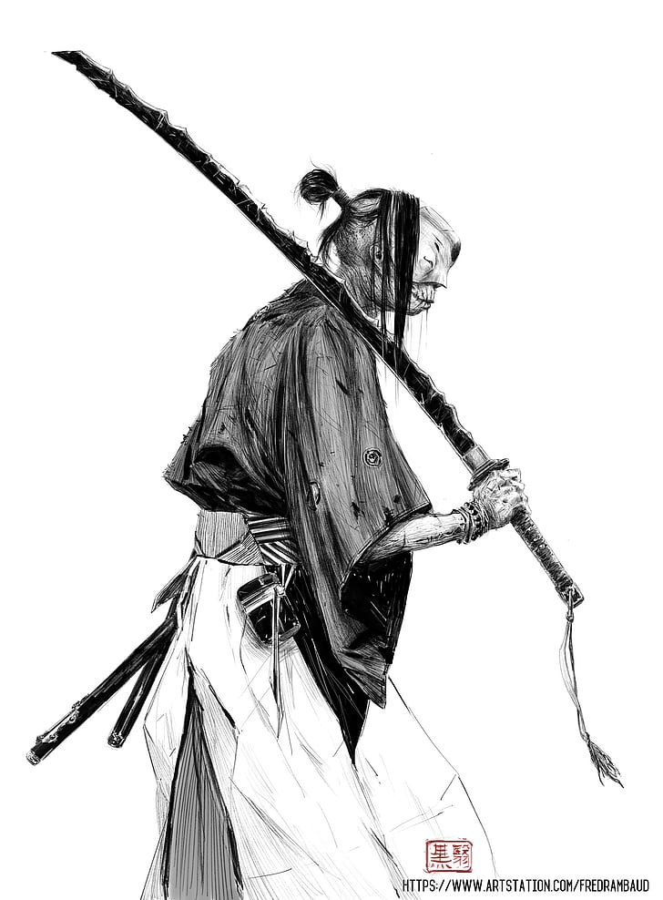 artwork, simple background, monochrome, sword, japanese sword