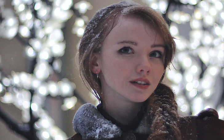 woman's face, Olesya Kharitonova, women, redhead, blue eyes, snow, HD wallpaper