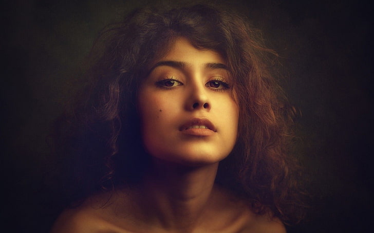 women, curly hair, brown eyes, face, portrait, headshot, looking at camera