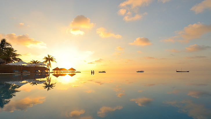 calm body of water, beach, sky, sea, clouds, reflection, sunset, HD wallpaper