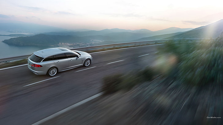 Jaguar XF, road, car, silver cars, vehicle, transportation