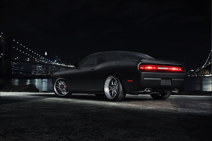 Hd Wallpaper Black Dodge Challenger Coupe Night Bridge The City Muscle Car Wallpaper Flare