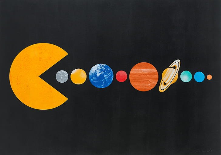 Saturn, minimalism, black background, humor, Uranus, Earth, HD wallpaper