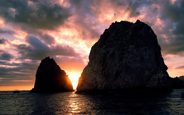 Sunset, sea, coast, island, sky, clouds, cliff, birds, HD wallpaper