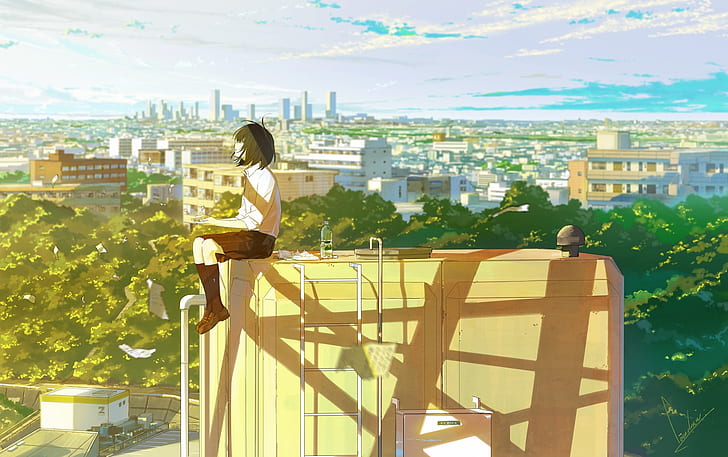 anime girl, rooftop, cityscape, buildings, papers, lonely, school uniform