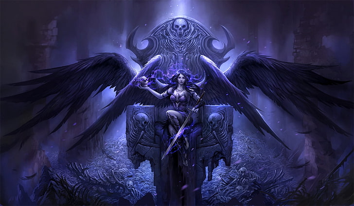 purple angel illustration, girl, lights, death, skull, wings, HD wallpaper