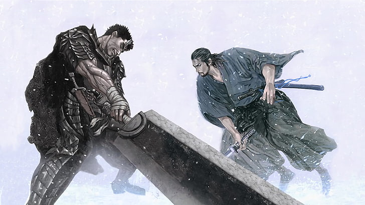 illustration of samurai's, musashi, Vagabond, Berserk, Guts, winter, HD wallpaper