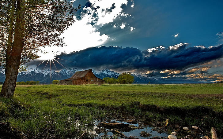 Nature Landscapes Rustic Mountains Sky Clouds Sunrise Sunset Trees Barn Farm High Quality Picture