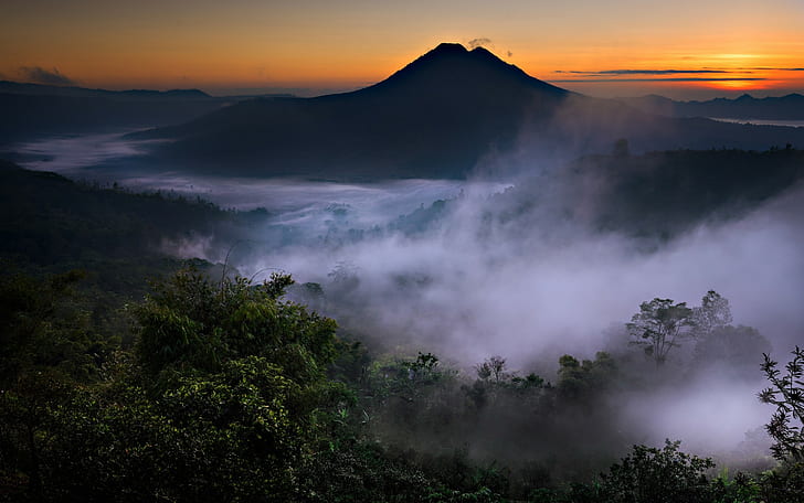 Nature, Landscape, Mist, Mountain, Valley, Volcano, Forest, Sunrise, Bali, Indonesia, green trees