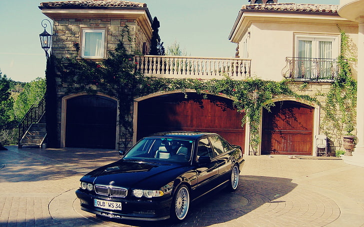 black BMW sedan, car, house, Alpina, built structure, architecture