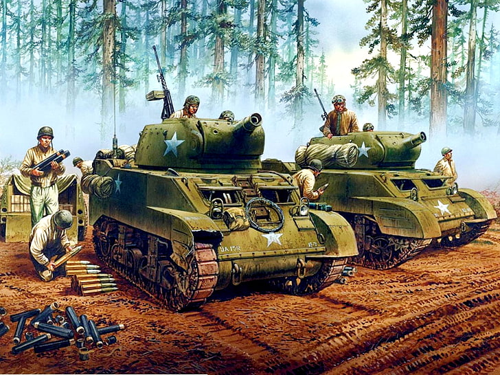 forest, trees, figure, art, soldiers, SAU, training, WW2, tankers