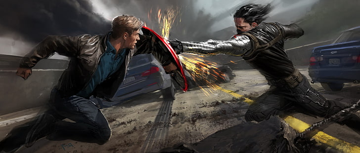 Captain America and Bucky digital wallpaper, battle, art, sparks