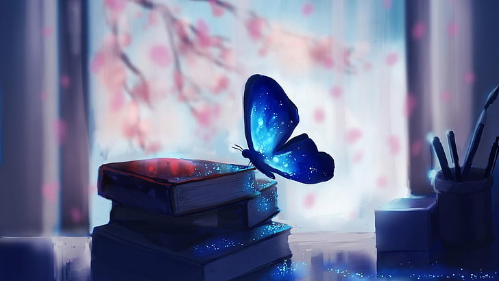 butterfly, digital art, book, dreamy, blue light, shine, glittering, HD wallpaper