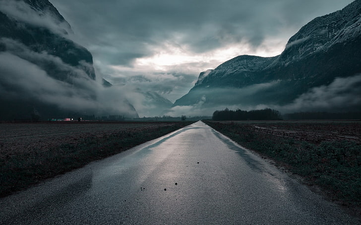 gray concrete road, mist, mountains, landscape, sky, cloud - sky