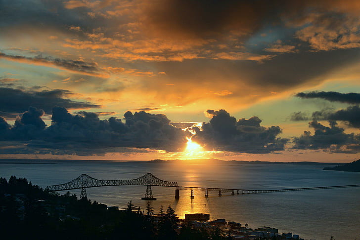 Clouds Sunset Sun Bay Bridge High Resolution Pictures, sunrise - sunset, HD wallpaper