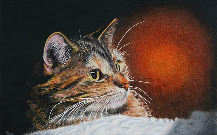 brown and black tabby cat, painting, animal, animal themes, domestic