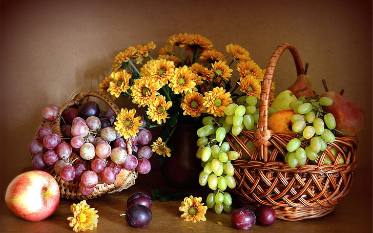 Still life, chrysanthemum, red and green grapes, apple, pears, fruits, assorted fruits, HD wallpaper