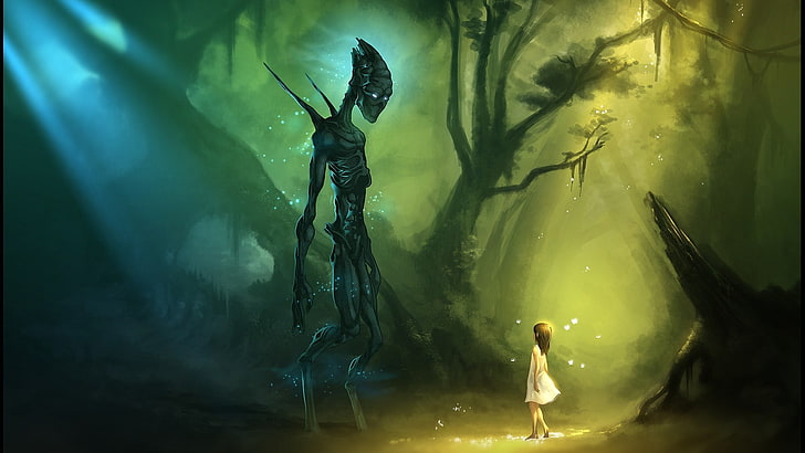 girl in white dress illustration, aliens, children, jungle, artwork