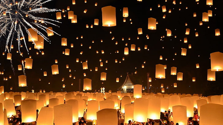 people, crowds, Lantern Festival, fireworks, night, house, candles, HD wallpaper