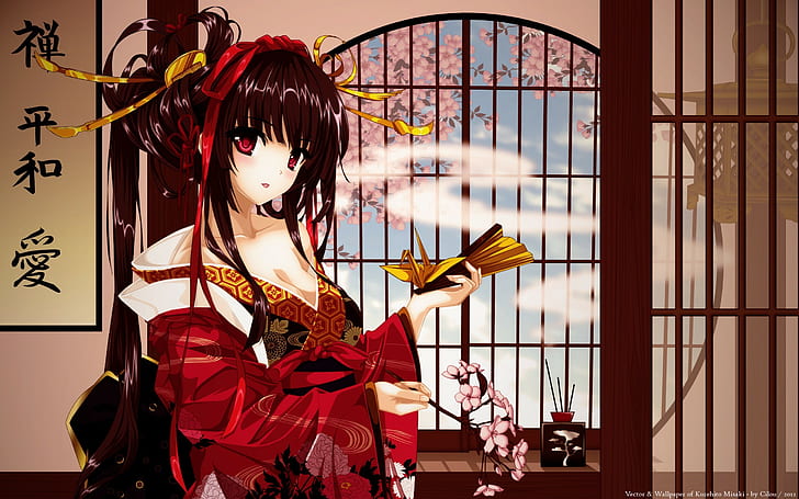 anime girls, kimono, red eyes, dark hair