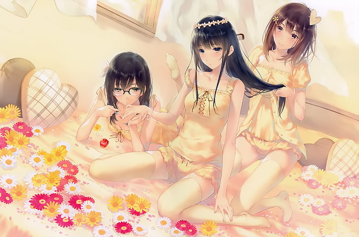anime girls, Anime Game, real people, indoors, furniture, bed